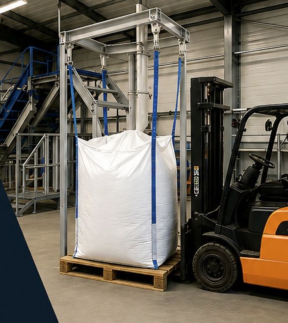 Large white bulk bag suspended from a metal frame next to a forklift in a warehouse.