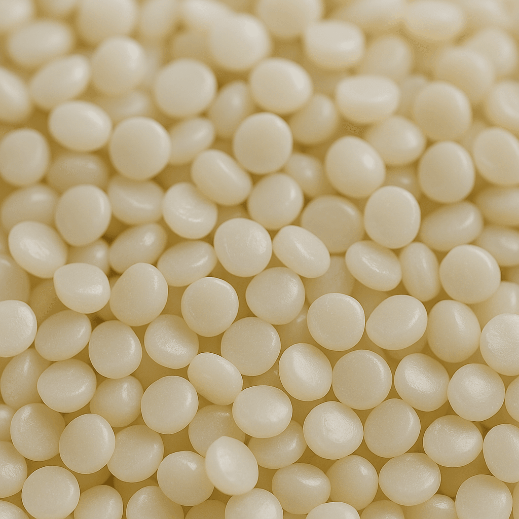 Close-up of small, off-white, round pellets packed together.