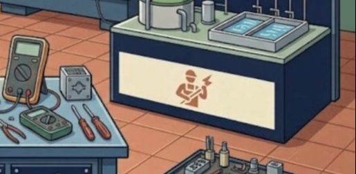 Cartoon workshop scene with multimeters, screwdrivers, and an electrician icon on a counter.