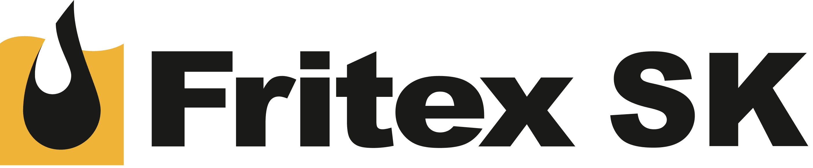 Logo for Fritex SK, featuring a stylized black oil drop on a vibrant yellow square.