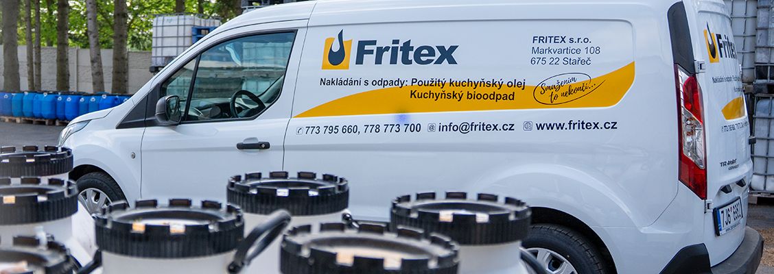 White Fritex delivery van with logo, contact info, and black product containers.