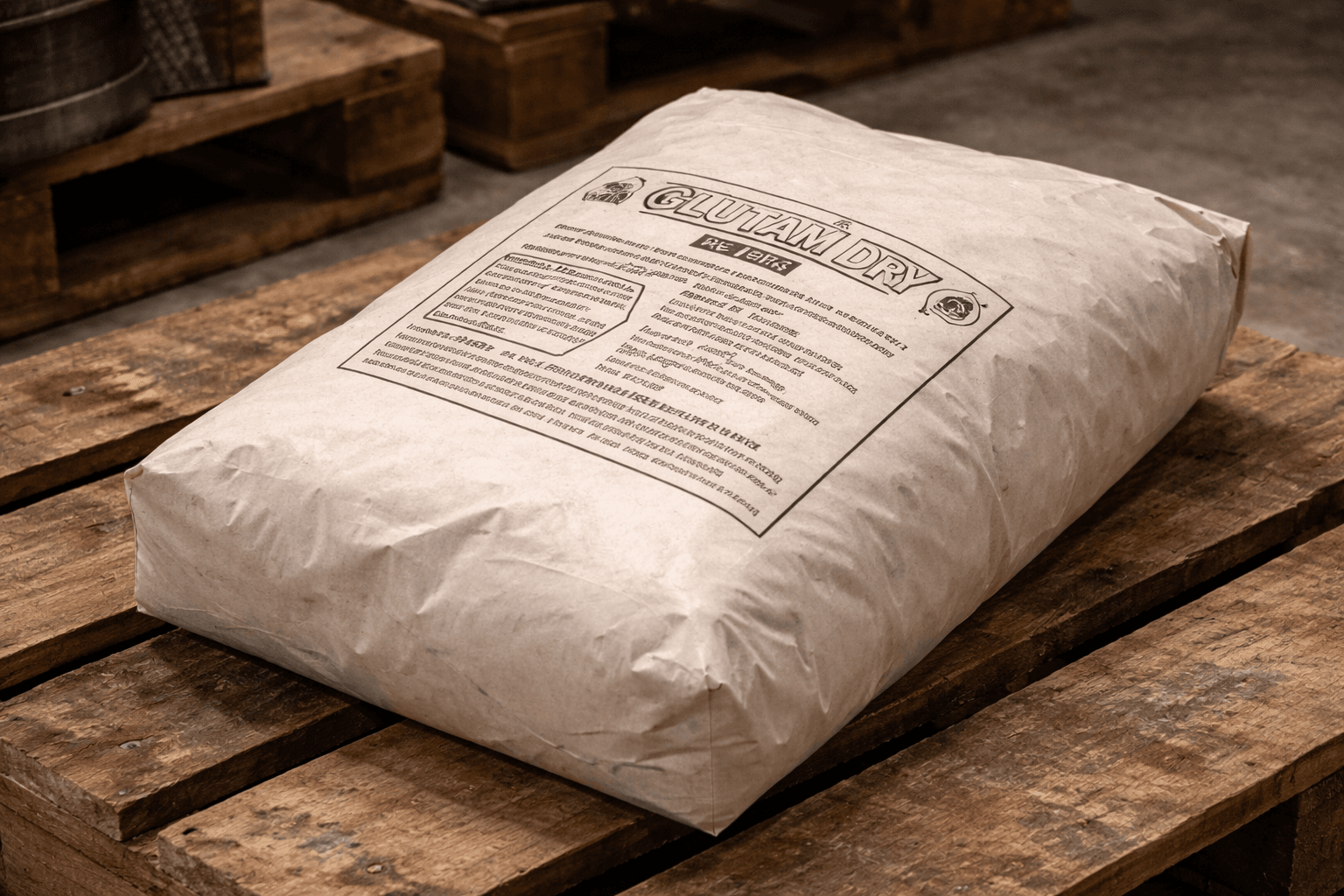 Large white bag of 'CLEAN-R-CRYS' powdered product on a wooden pallet in a warehouse.