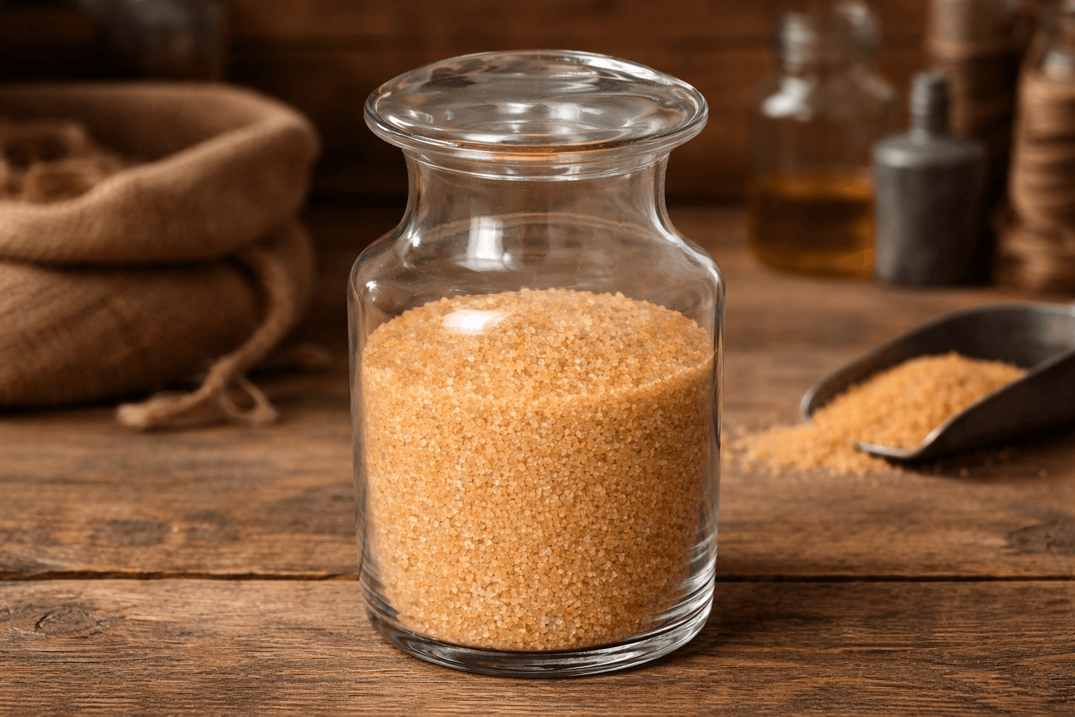 Clear glass jar filled with granular brown sugar on a rustic wooden table.