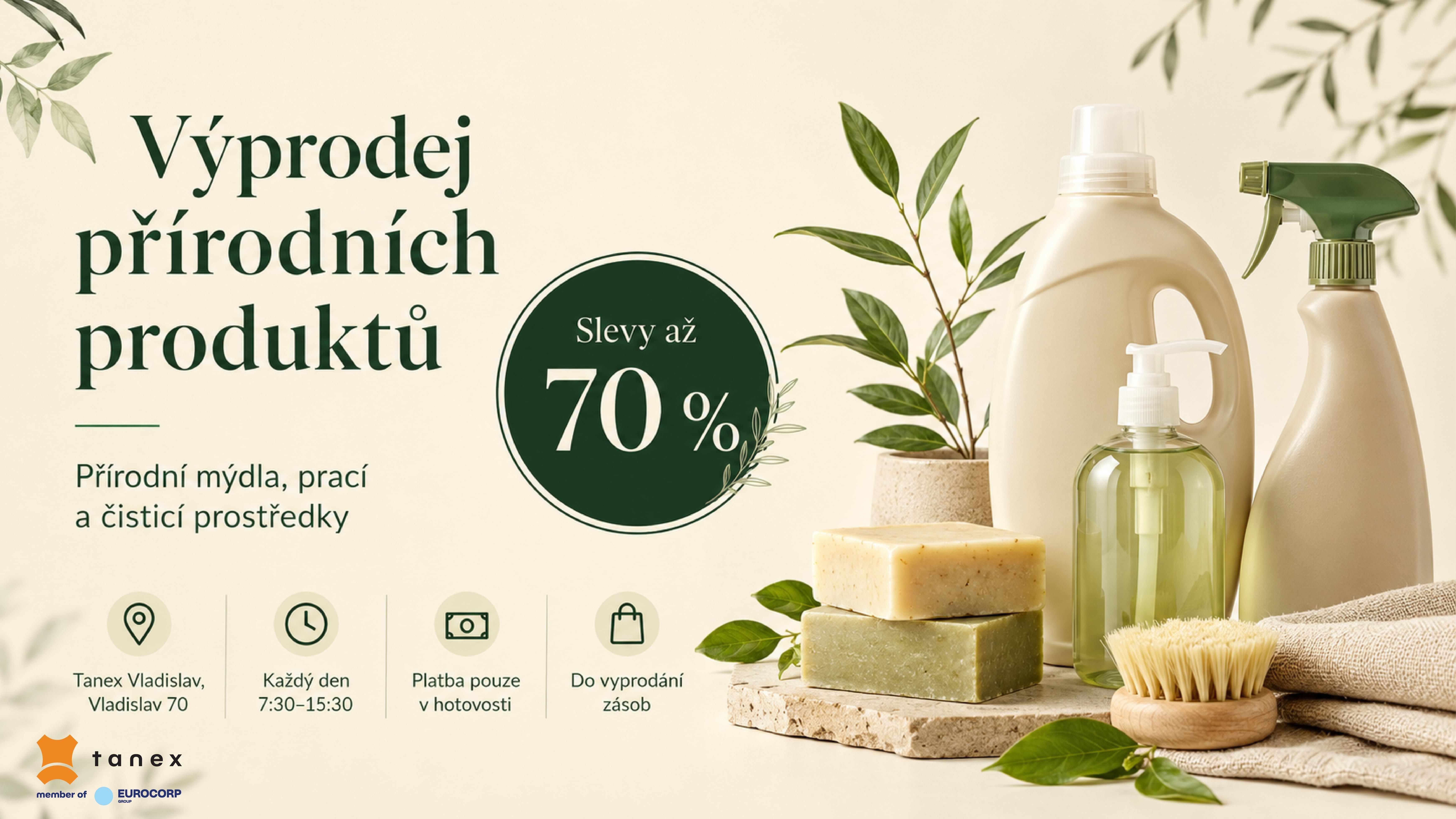 Sale of natural products with discounts up to 70%, featuring soaps and cleaning supplies.