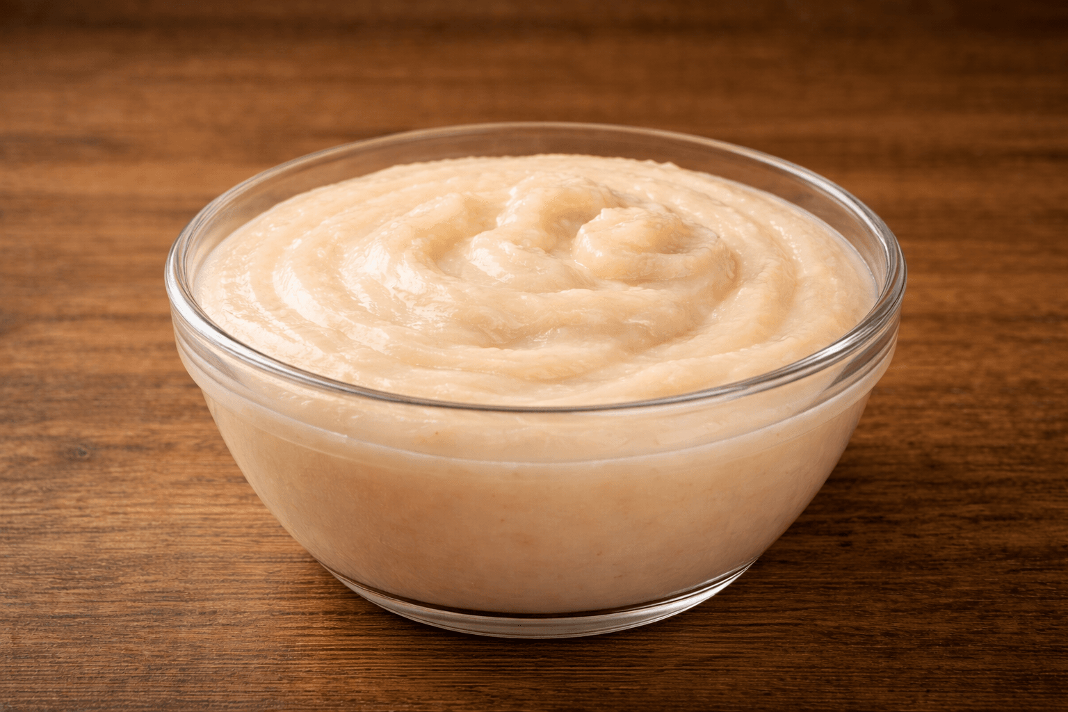 A clear glass bowl filled with a smooth, light-colored puree on a wooden table.